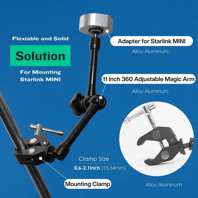 SHOOTPRO Starlink Mini Mount/Roof Rack Mount, Adjustable Angle/Height Clamp with Adapter, 11'' Magic Arm for Pickup Truck with Bracket, Cruise Ship, Roof, Camping Travel - Image 2